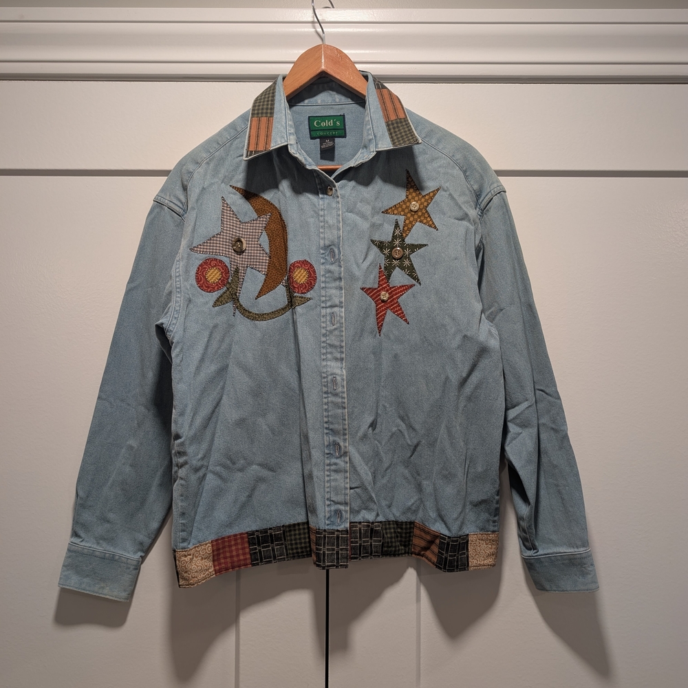 VINTAGE Country Plaid Stars Embroidered Denim Shirt Jacket Size Medium - Picture 11 of 12